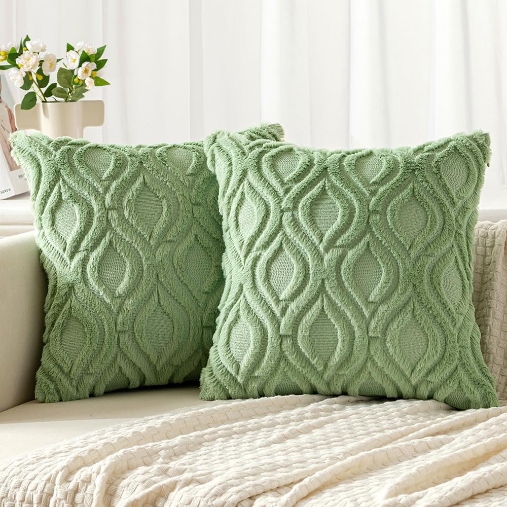 Miulee Sage Green Throw Pillow Covers 20X20 Inch, Soft Spring Plush Faux Wool Couch Pillow Covers Set Of 2 Decorative Farmhouse Boho Throw Pillows For Sofa Living Room Bed