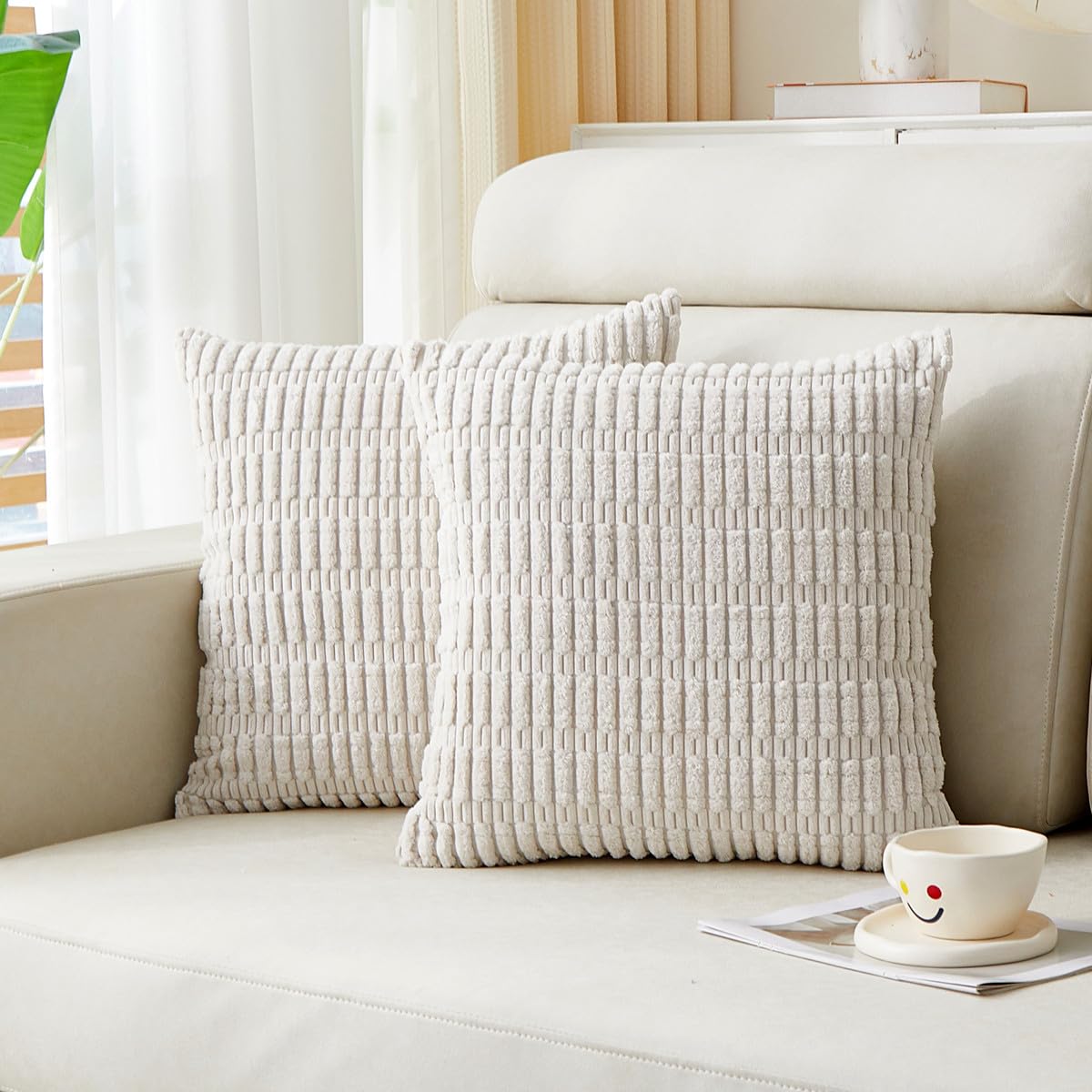 Sunday Praise 2 Packs Cream White Decorative Throw Pillow Covers 20X20 Inch Soft Corduroy Boho Striped Pillow Cases Accent Squar