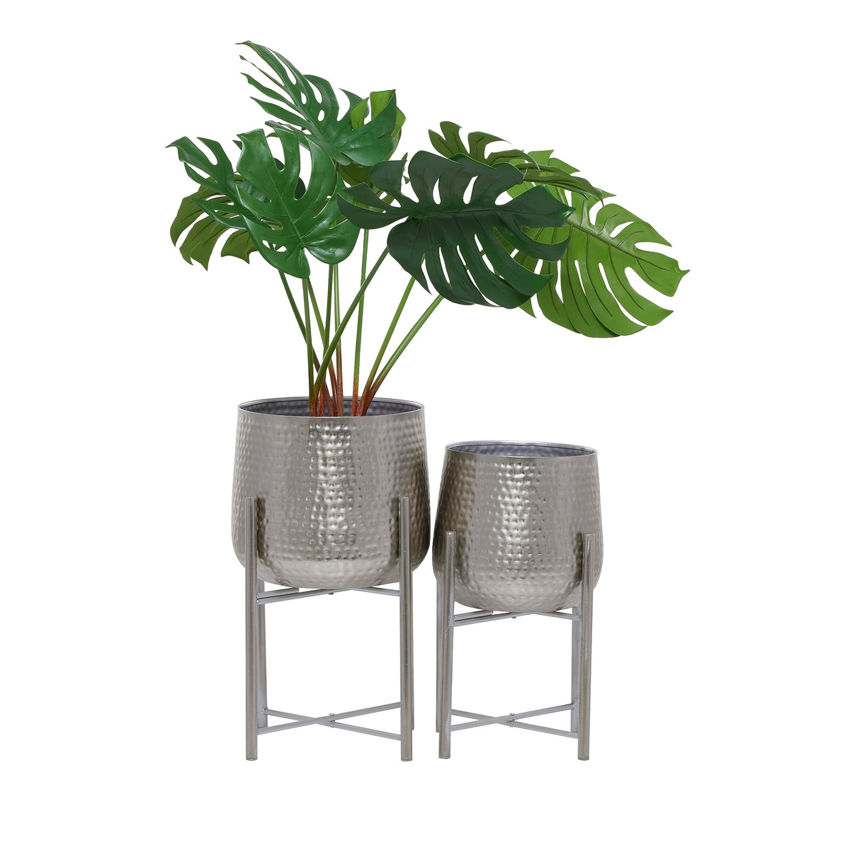 Cosmoliving By Cosmopolitan Metal Indoor Outdoor Planter Hammered Large Planter Pot With X-Shaped Stands, Set Of 2 Planters 19'