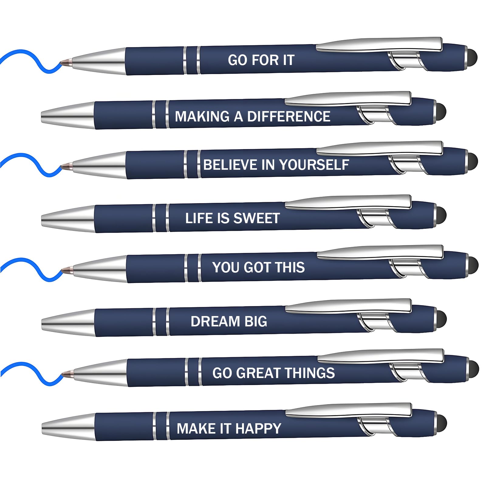 Lragvtbk 8 Pcs Blue Ink Inspirational Pens for Women Quotes Pen Metal Ballpoint Pen with Stylus tips for Office Gift (Blue)