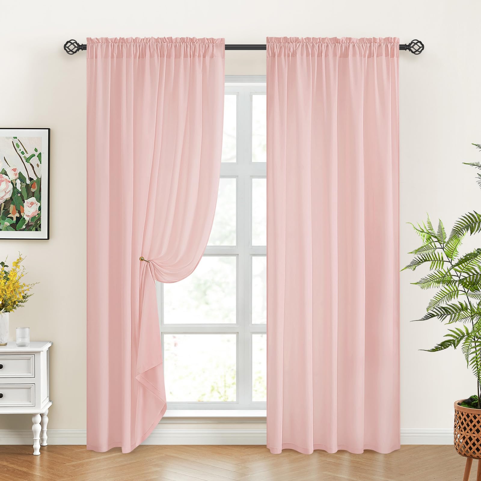 Homeideas Non-See-Through Blush Pink Privacy Sheer Curtains 52 X 72 Inches Long 2 Panels Sheer Curtains Light Filtering Window Curtains Drapes For Bedroom Living Room