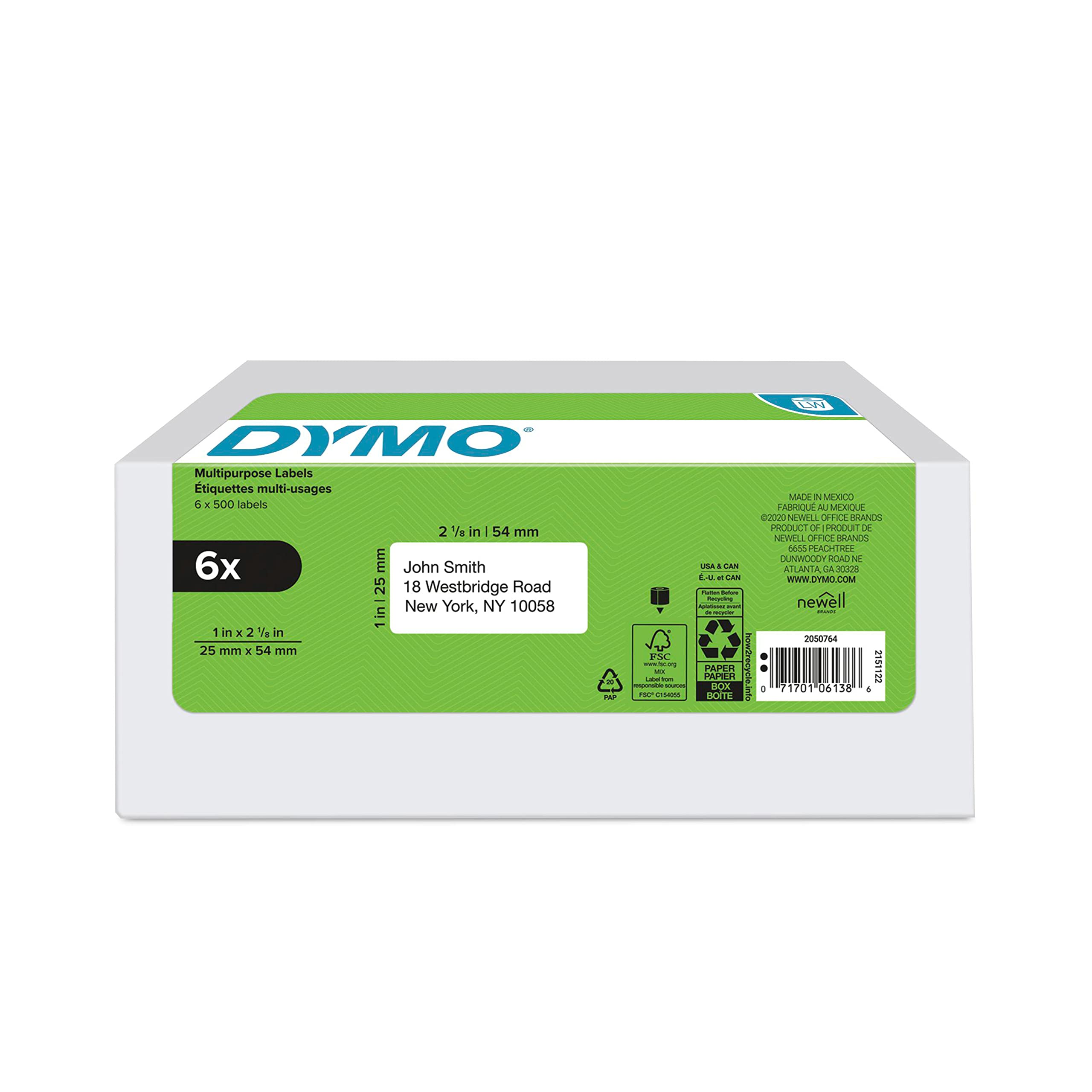 Dymo Authentic Lw Multi-Purpose Labels For Labelwriter Label Printers, White, 1' X 2-1/8', 6 Rolls Of 500 (3000 Total)