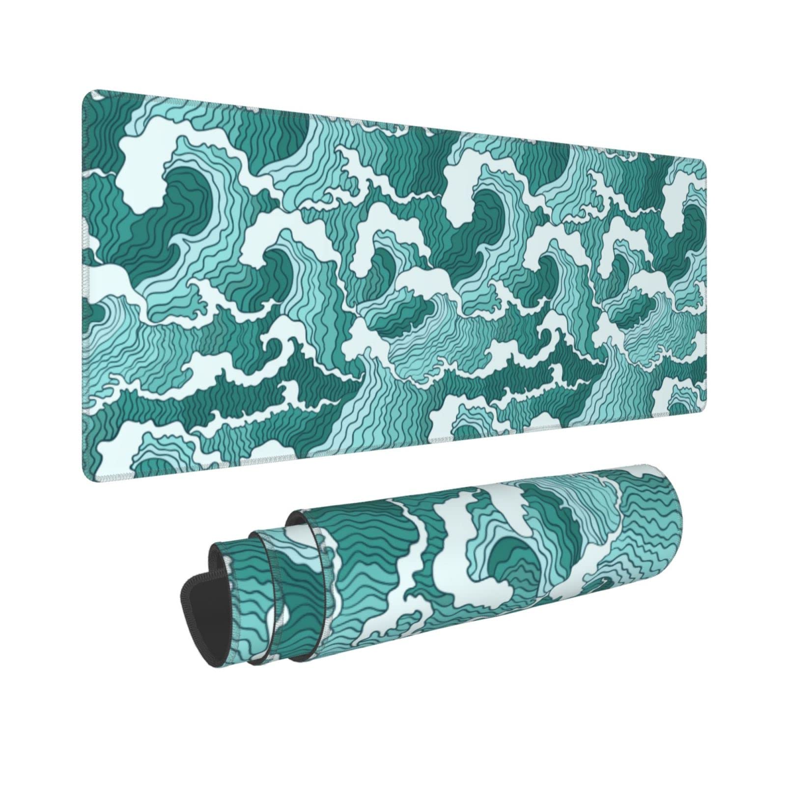 Large Mouse Pad Design With Japanese Green And White Great Wave, Gaming Mousepad Table Mat Cute Funny For Women Gifts, Xl Big Fu