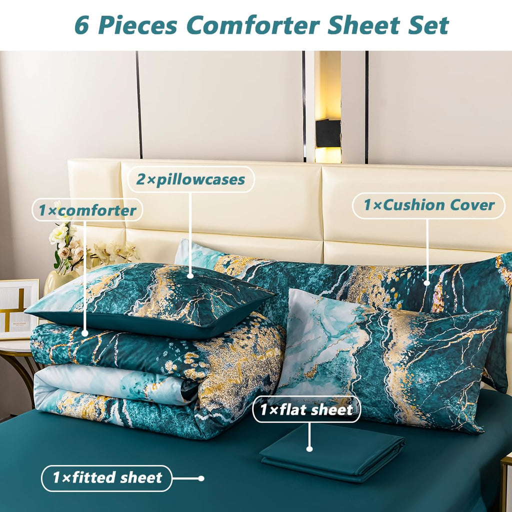 Perfemet 6 Pcs Brown Marble Bedding Set King Watercolor Tie Dye Printing Comforter Set With Sheets Abstract Artwork Brown And Go