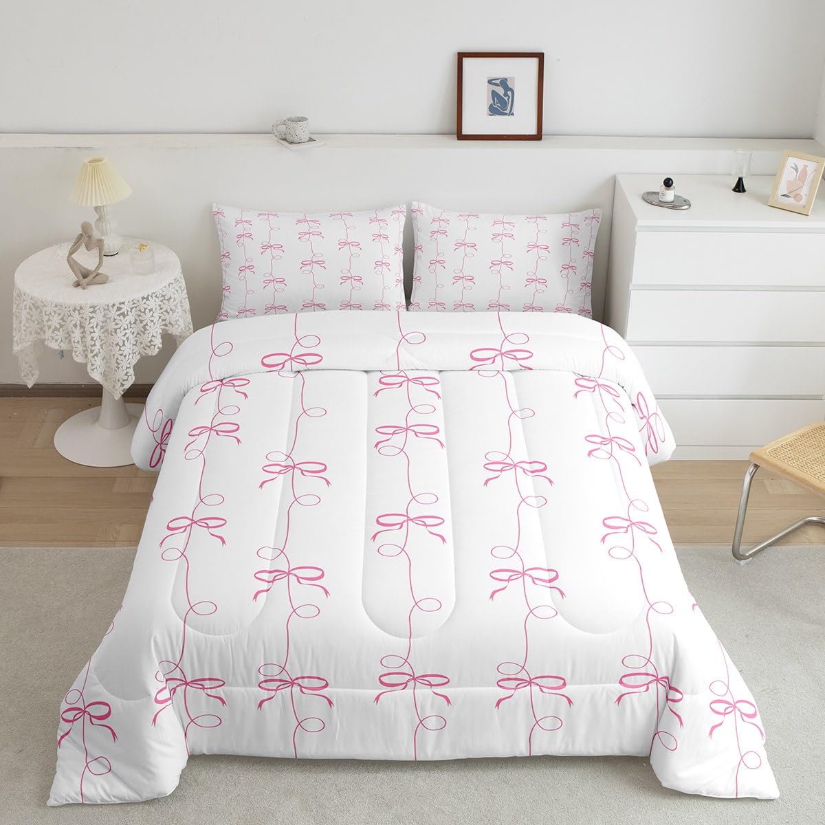 Feelyou Kids Girls Pink Bow Comforter Set,Pink Geometric Line Bow Bedding Set Twin Size,Kawaii Bowknot Comforter,Cute Bed Set