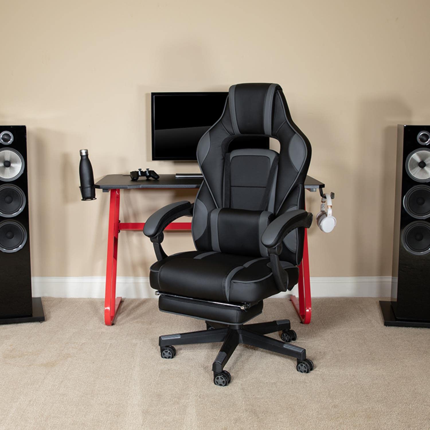 Flash Furniture Red Gaming Desk With Cup Holder/Headphone Hook & Black Reclining Back/Arms Gaming Chair With Footrest
