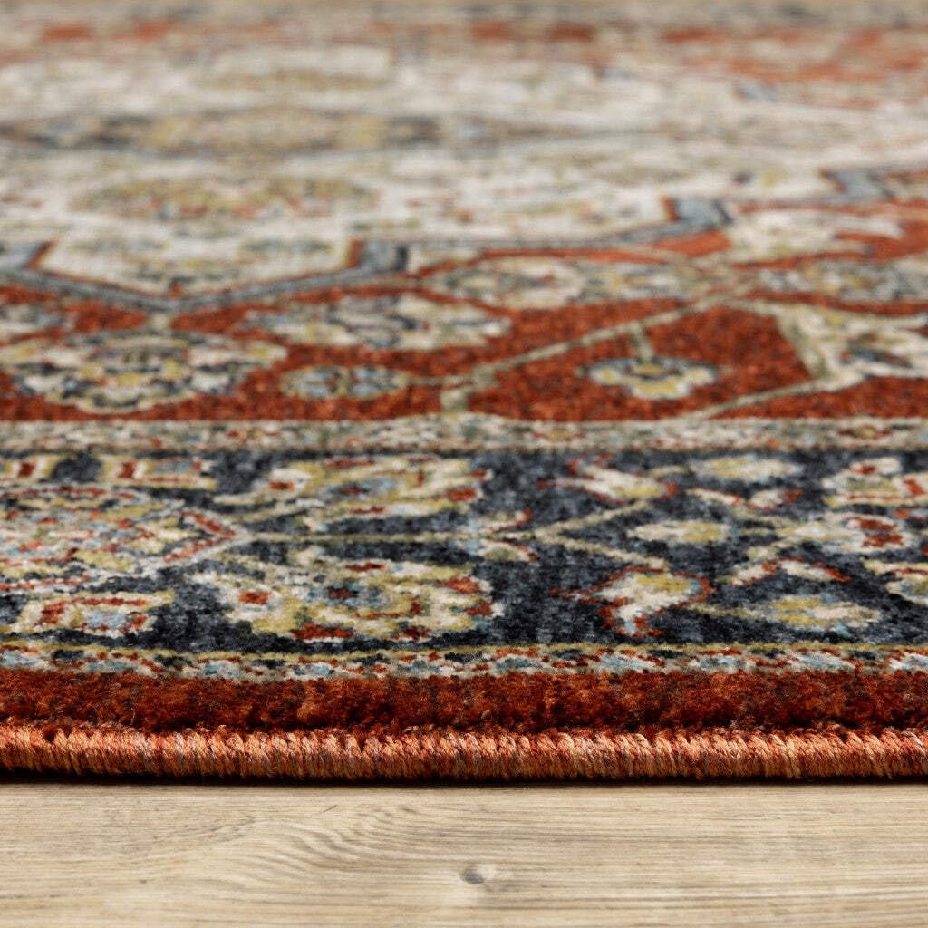 HomeRoots 508085 8 x 11 ft. Red Ivory Blue Navy Gold & Gray Oriental Power Loom Stain Resistant Rectangle Area Rug with Fringe, Rectangular