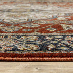 HomeRoots 508085 8 x 11 ft. Red Ivory Blue Navy Gold & Gray Oriental Power Loom Stain Resistant Rectangle Area Rug with Fringe, Rectangular