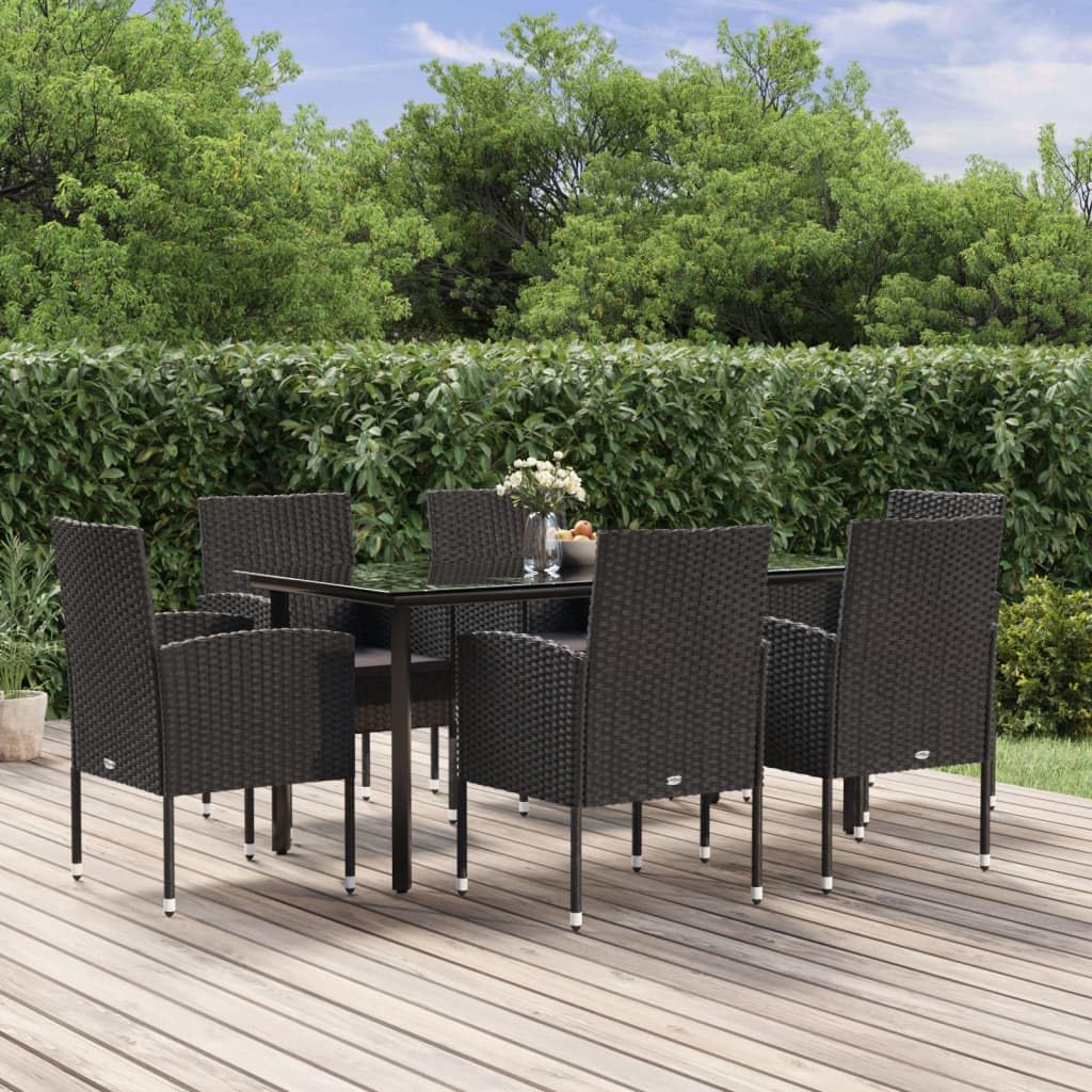 vidaXL 5 Piece Patio Dining Set with Black Poly Rattan Chairs and Tempered Glass Tabletop - Comfortable Design with Cushions for Outdoor Dining and Lounging