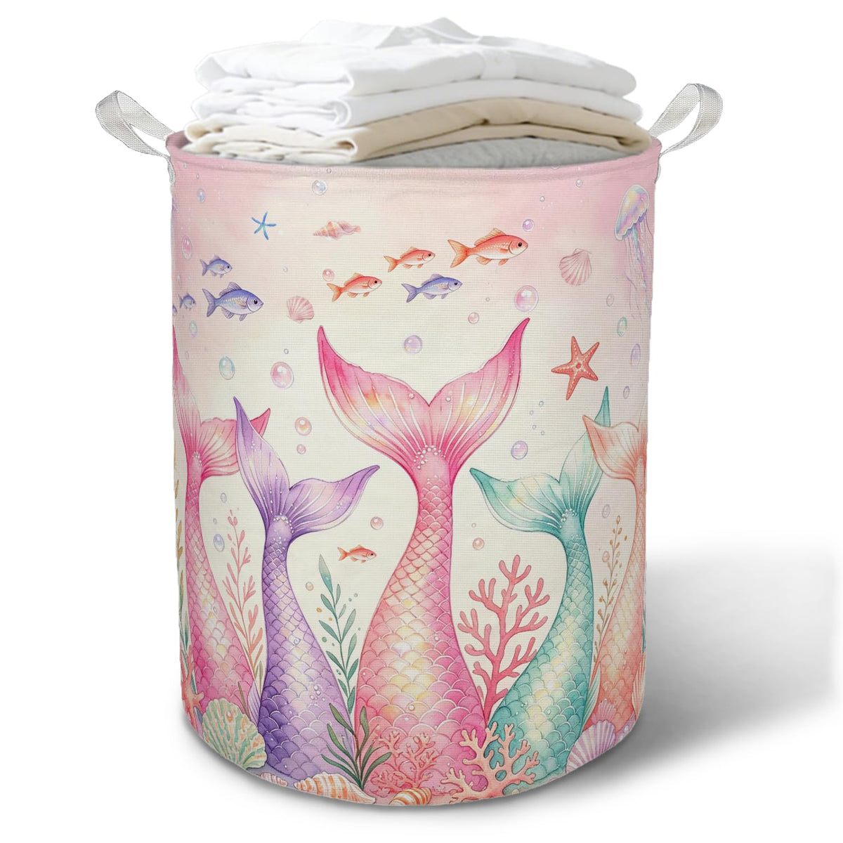 TAZSWDMM Pink Coastal Mermaid Laundry Basket Hamper,14.2x14.2x17.7