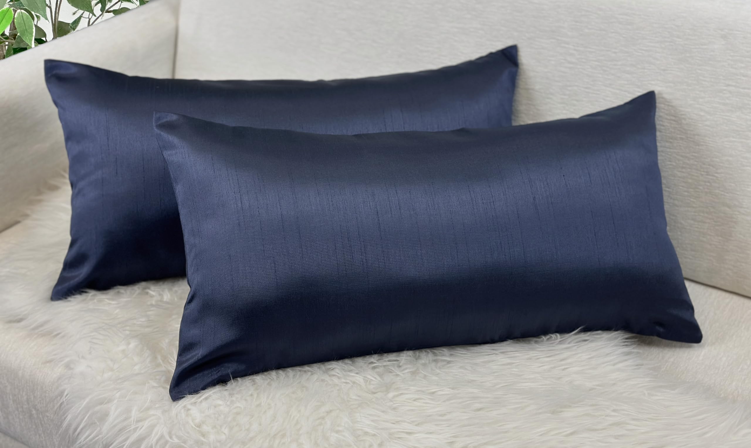 Aiking Home 12X24 Inches Faux Silk Rectangular Throw Pillow Cover, Zipper Closure, Navy (Set Of 2)