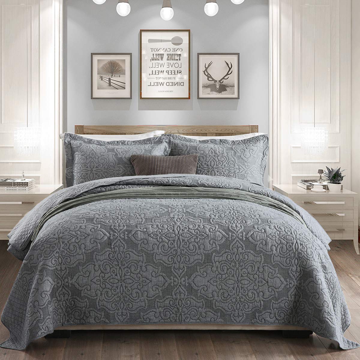 Travan Bedspread Cotton Quilt Set 3-Piece Oversized King Reversible Embroidered Quilted Bedding Set With Shams (Elegant Grey, Ki