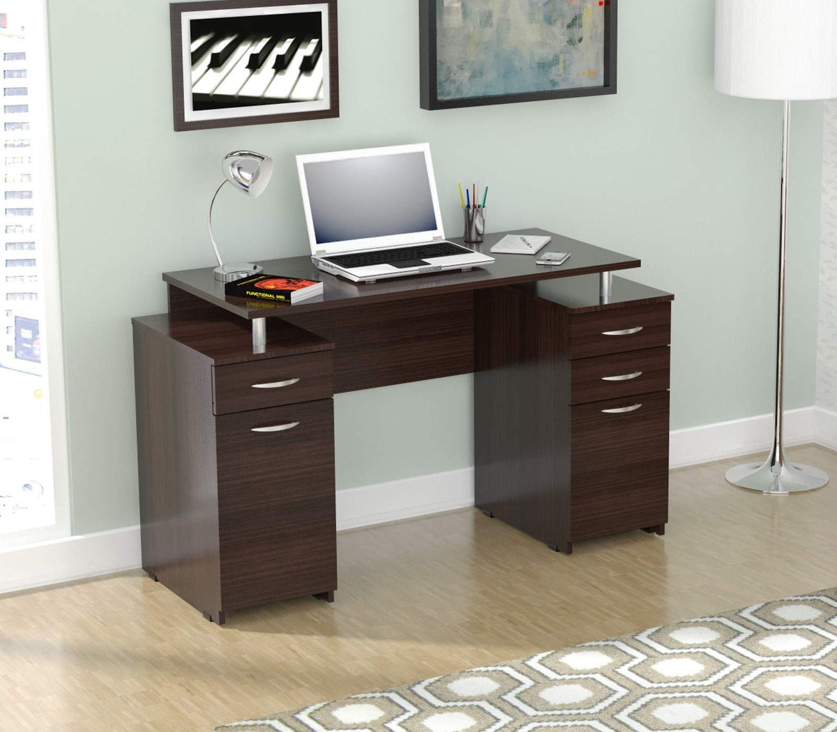 HomeRoots Espresso Computer Desk with Four Drawers - Melamine/Engineered Wood