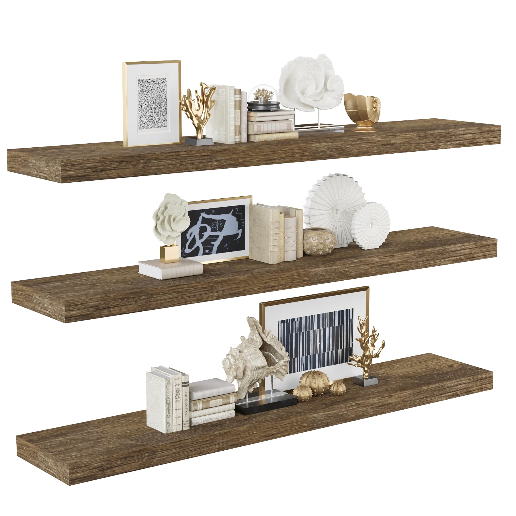 Bameos Floating Shelves, Wall Mounted Wooden Shelves With Invisible Brackets Set Of 3, Hanging Wall Shelves Decoration For Bedroom, Bathroom, Living Room And Kitchen