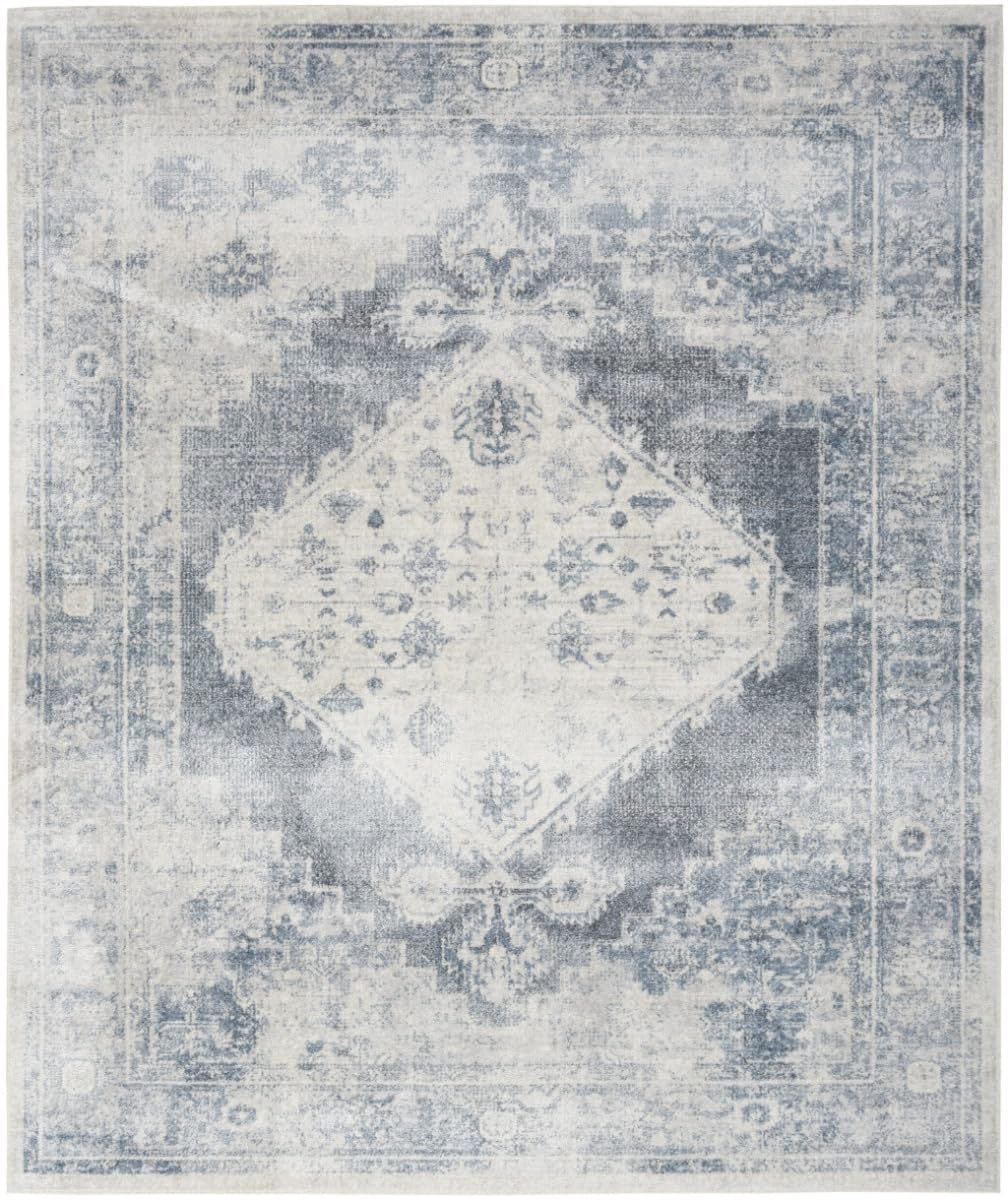 HomeRoots 521715 9 x 12 ft. Blue & Ivory Oriental Power Loom Distressed Area Rug