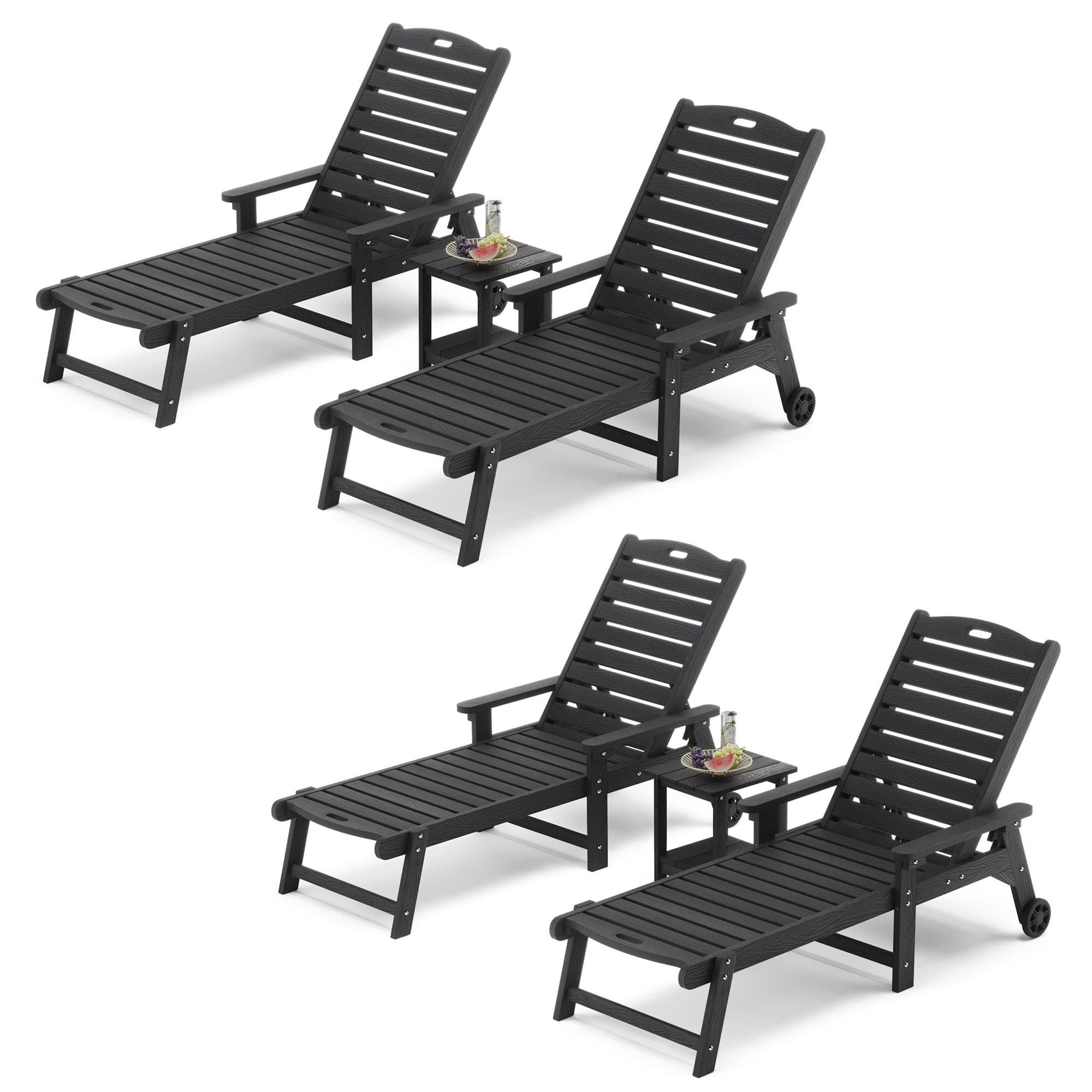 Lue Bona Chaise Lounge Chairs Set With Table, 6-Piece, Hdps Material, 3-Year Warranty, Patio Lounge Chair With Adjustable Backrest, Resin Pool Lounge Chairs With Wheels For Outside, Poolside, Black