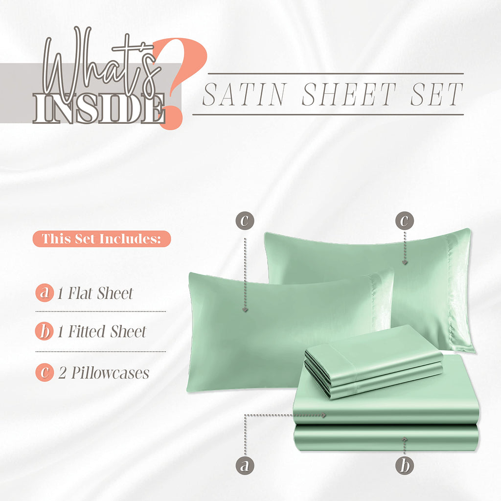 Elegant Comfort Luxurious 4-Piece Silky Satin Sheet Set, Skin And Hair Friendly, Wrinkle, Fade, Stain Resistant With Deep Pockets Fitted Sheet, Cooling Soft Satin Sheet Set, Cali King, Mint Green