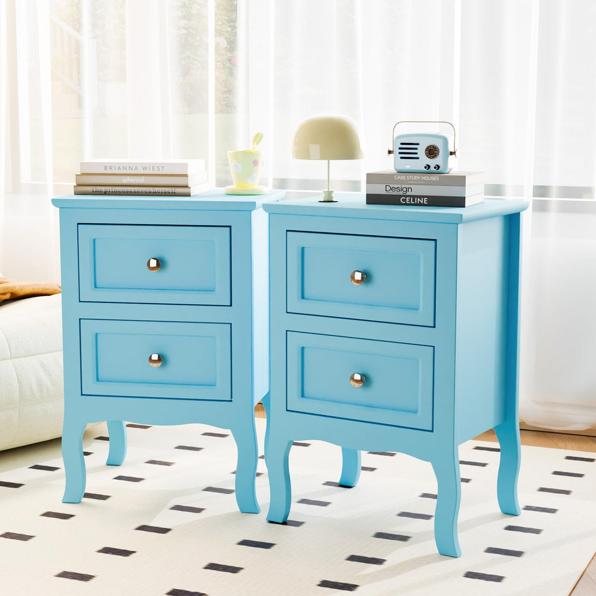 Bonnlo Nightstand Set of 2, Nightstands with 2 Drawers, Blue Nightstand, Bed Side Table/Night Stand, Small Nightstand for Bedroo