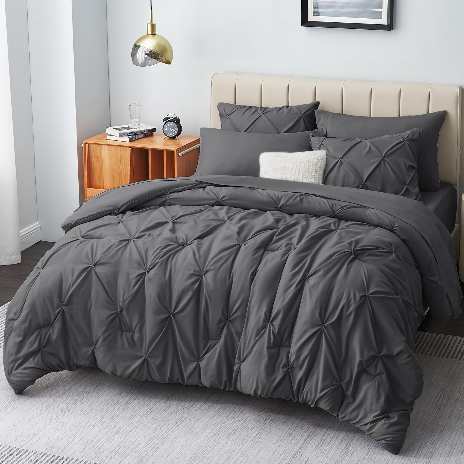 Cozylux King Size Comforter Set - 7 Pieces Comforters King Dark Gray, Pintuck Bed In A Bag Grey Pinch Pleat Bedding Sets With Al
