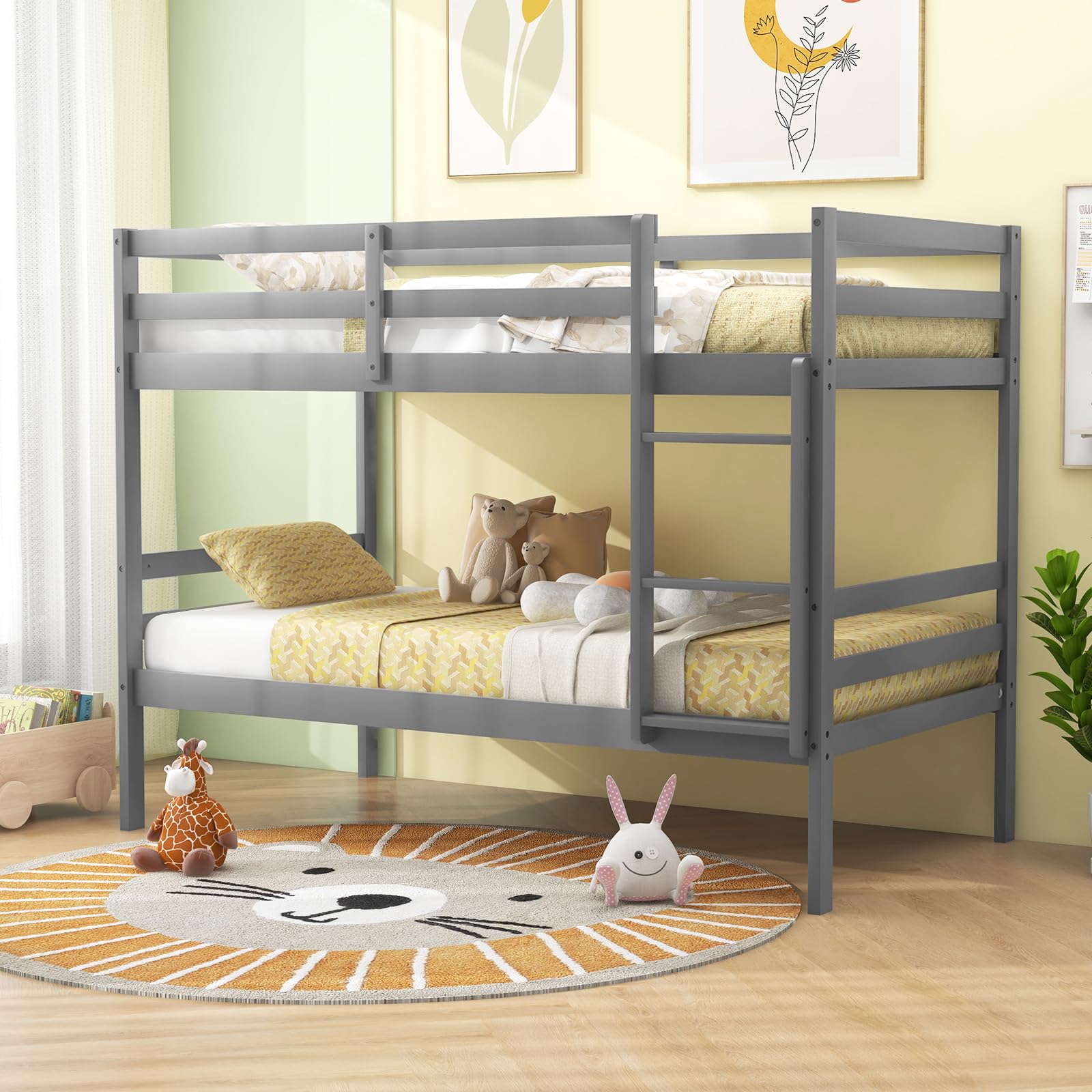 Gorelax Twin Over Twin Bunk Bed, Space Saving Wood Bed Frame W/Under Bed Storage, Ladder & Guardrail, Dorm & Multichild Family, Modern Bunk Bed For Kids, Teens, Sleepovers, Adults (Grey)