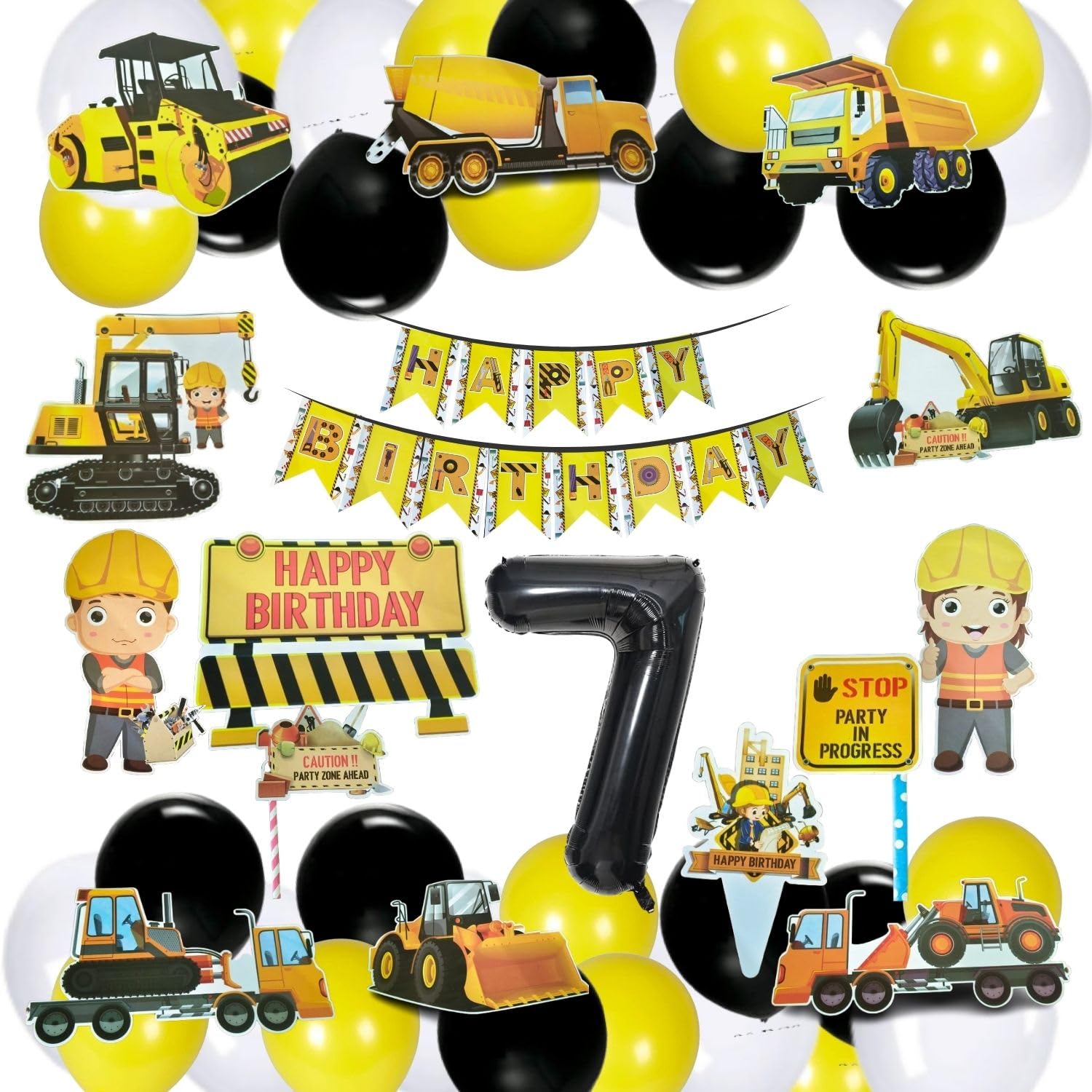 Fi  Flick In 47 Pcs Jcb Construction 7Th Birthday Decoration Set Of Happy Birthday Cardstock Paper Banner Transport Theme Dump 