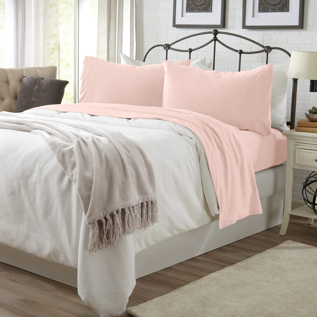 4 Piece Jersey Knit California King Cotton Blend Pink Sheet Set | Ultra-Soft T-Shirt Jersey Bedding Sheets & Pillowcases | Heath