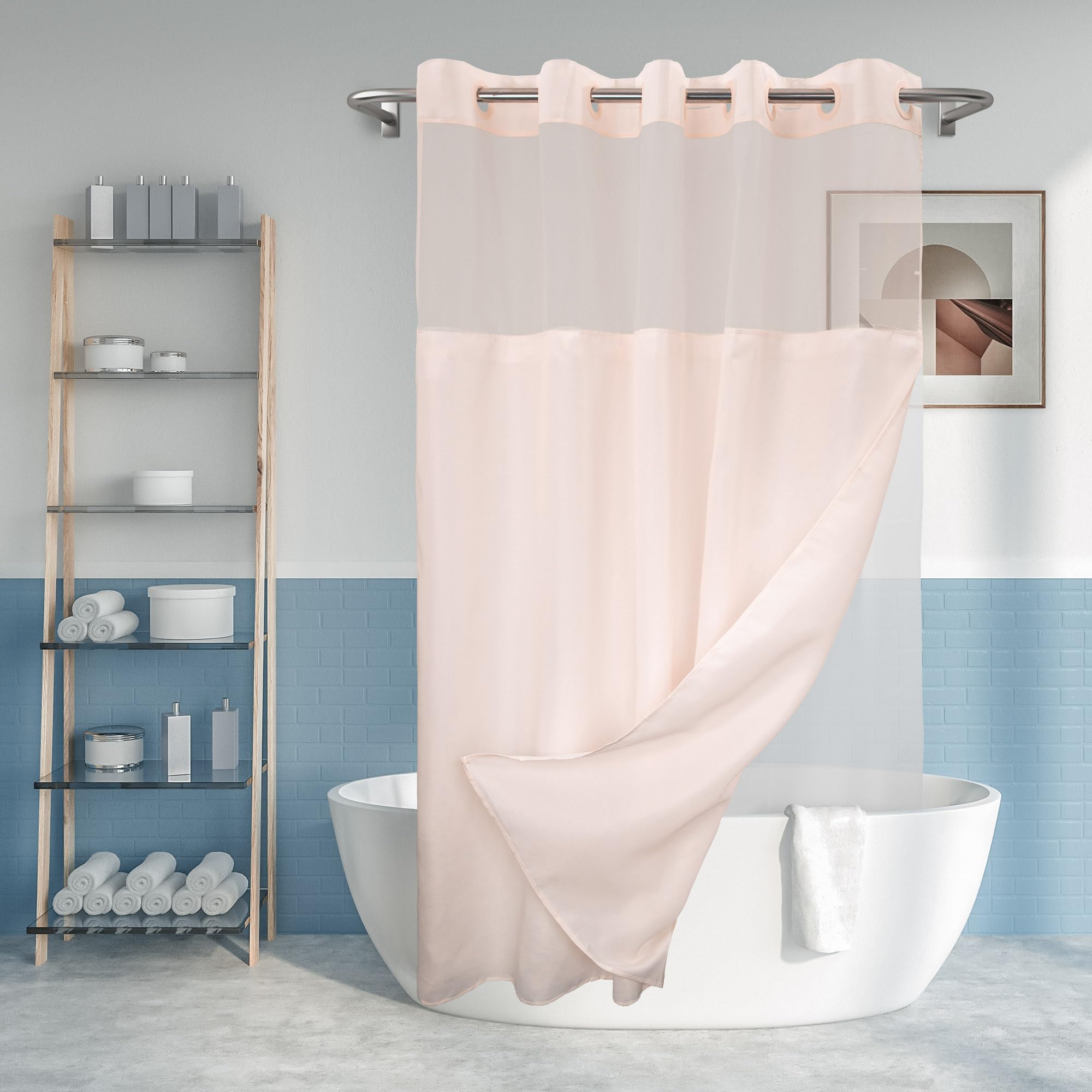 No Hook Slub Textured Shower Curtain with Snap-in PEVA Liner Set - 71 x 74(72), Hotel Style with See Through Top Window, Fabric 