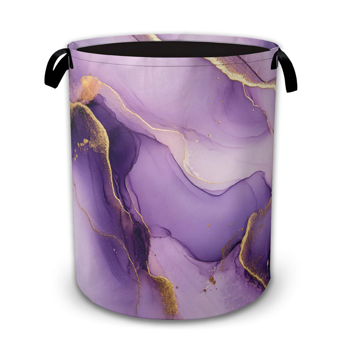 Laundry Hamper Foldable with Handles,Purple Marble Oxford Cloth Laundry Basket,Gold Abstract Storage Organizer for Bathroom Bedr