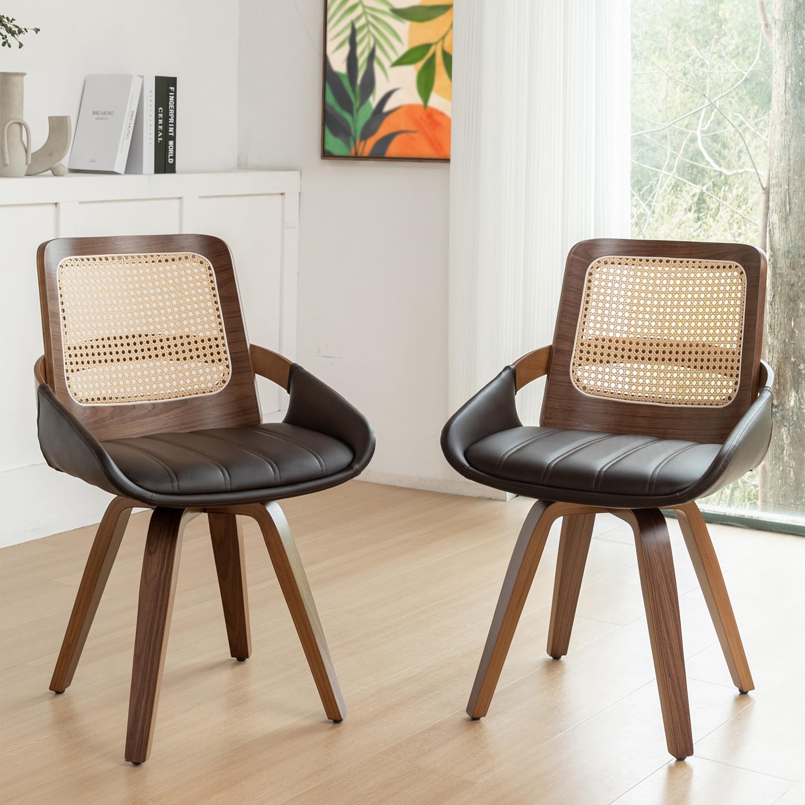 Set Of 2 Mid Century Modern Chairs - Swivel Retro Walnut Dining Chairs With Ergonomic Cane Back, Curved Arms, Faux Leather Dinin