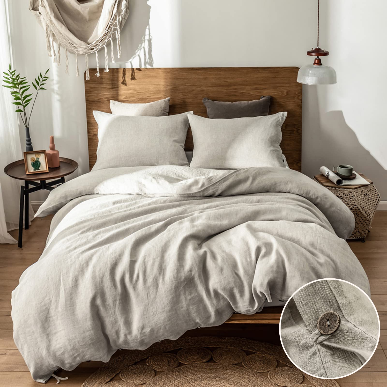 Simple&Opulence 100% Linen Duvet Cover Set,3 Pieces Belgian Flax Breathable Bedding, Queen Size (1 Comforter Cover+2 Pillowshams