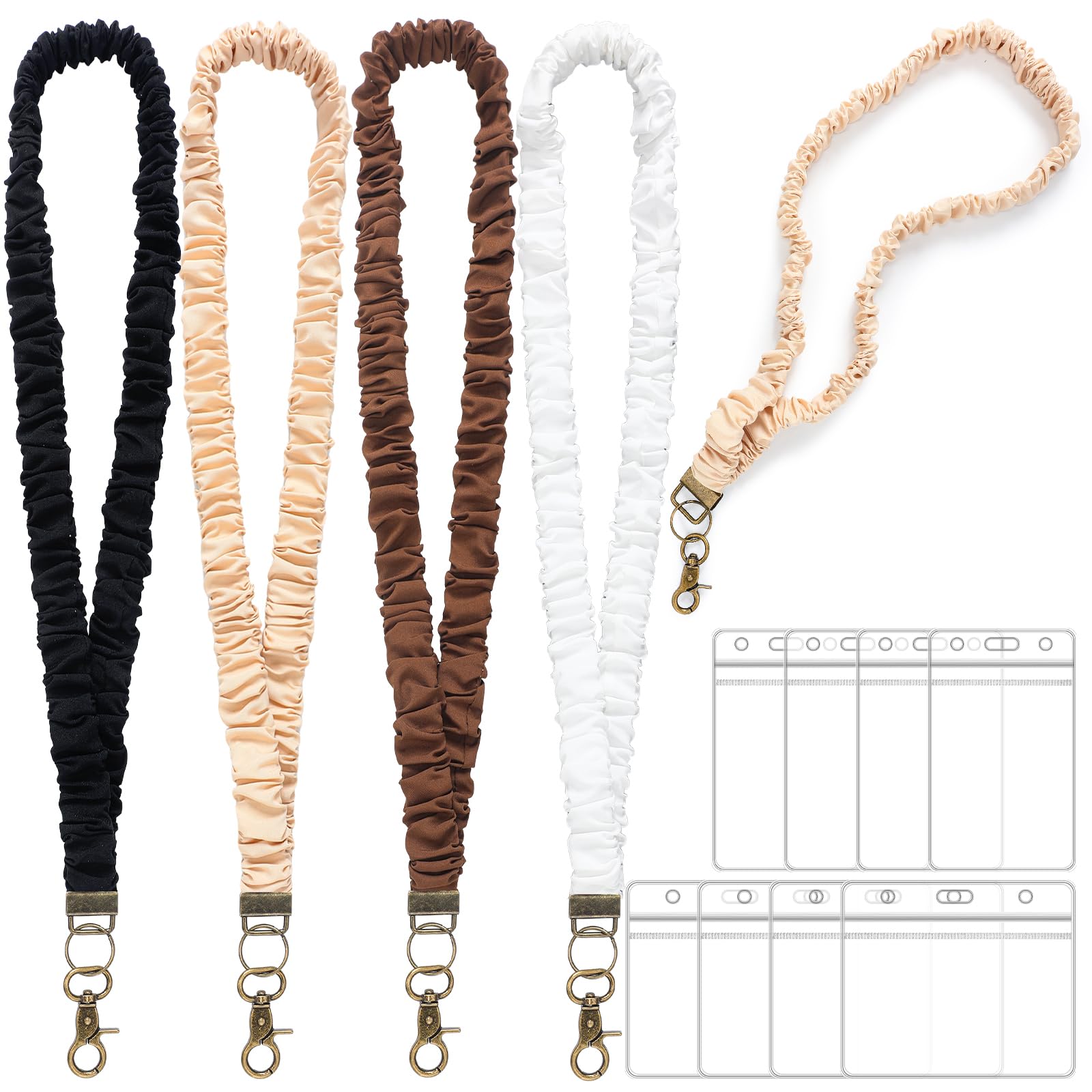 SATINIOR 4 Pcs Stretchy Scrunchie Lanyards with 8 ID Holder for ID Badges and Keys, Cute Neck Scrunchie Lanyard for Teacher Appr