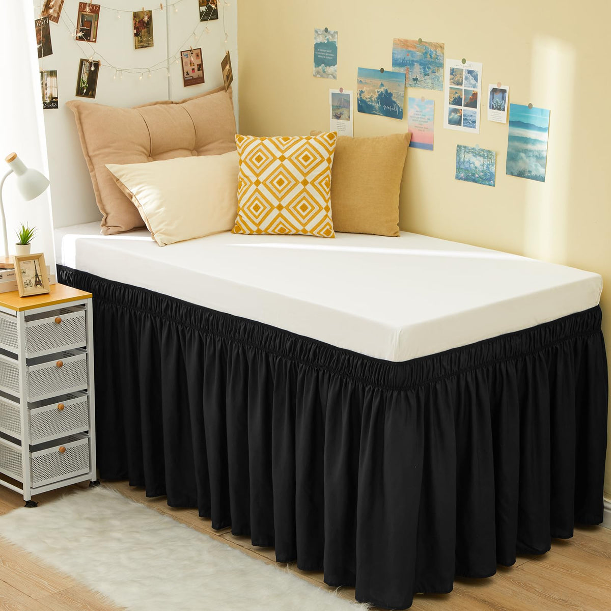 Rimela Black Bed Skirt Twin 32 Inch Drop Silky Luxurious Fabric, Wrinkle And Fade Resistant With Adjustable Elastic Belt Easy To