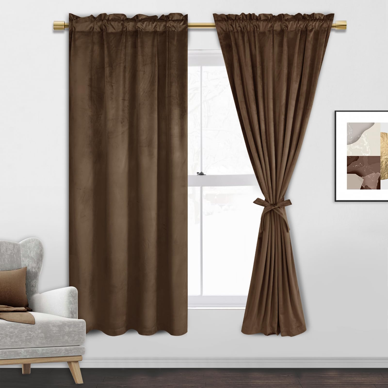 Jiuzhen Brown Velvet Curtains 63 Inches For Living Room - Privacy Protect Room Darkening Rod Pocket Thick Velvet Window Drapes F