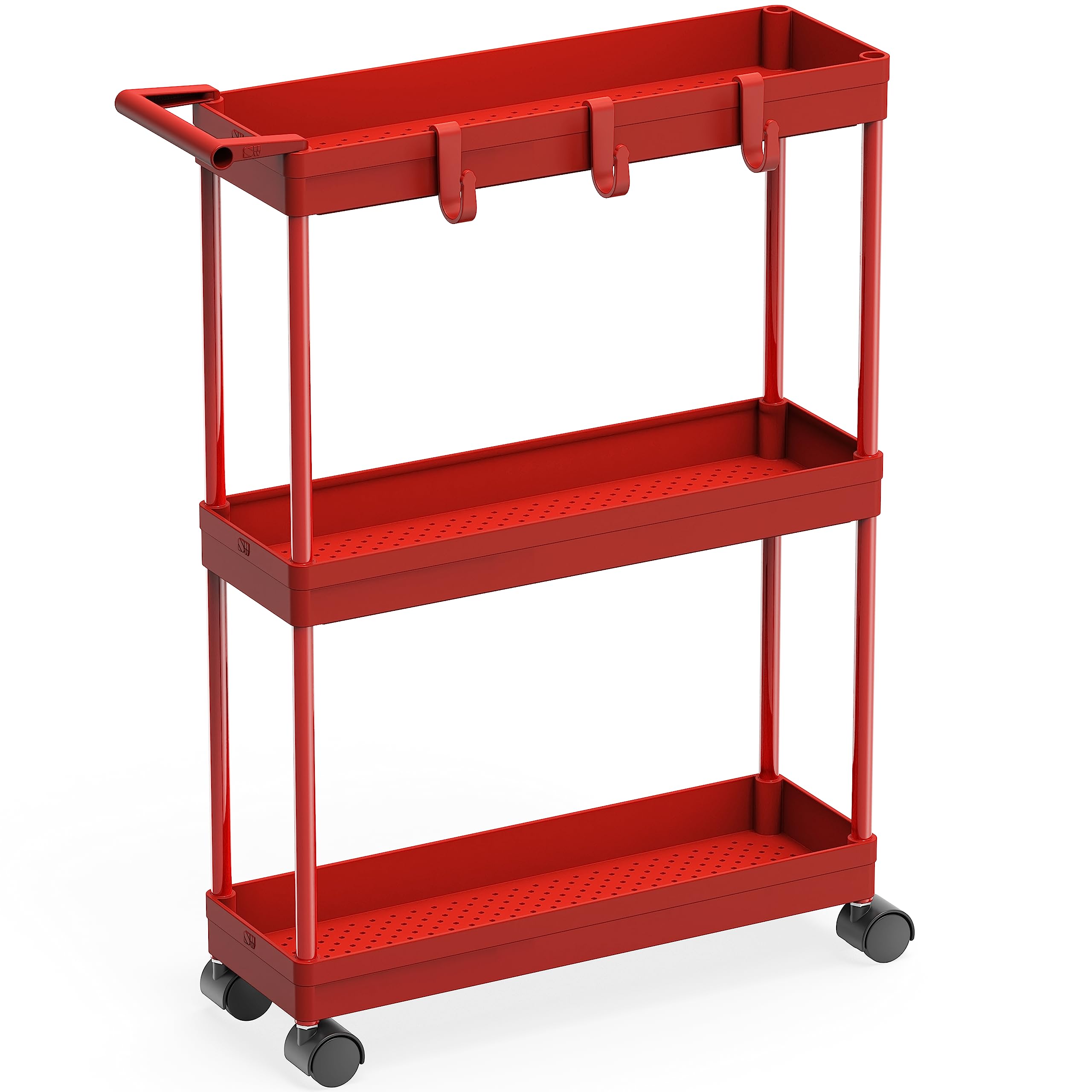 Simplehouseware Kitchen Cart Storage 3-Tier Slim/Super Narrow Shelves With Handle, 26.5'' Height/5.5'' Width For Narrow Place, Red