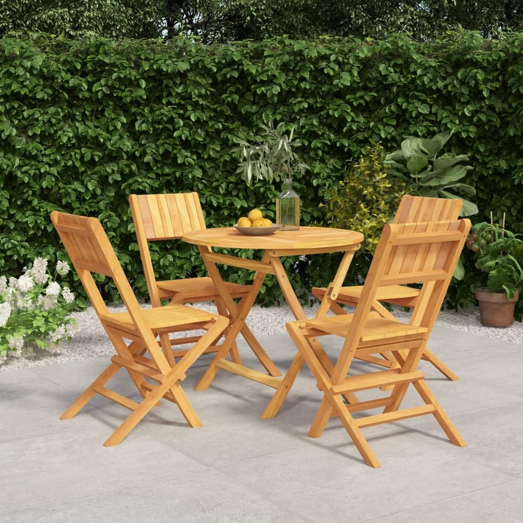 vidaXL 5 Piece Patio Dining Set - Solid Teak Wood Garden Furniture with Foldable Chairs and Round Table with Parasol Hole for Outdoor Deck and Garden