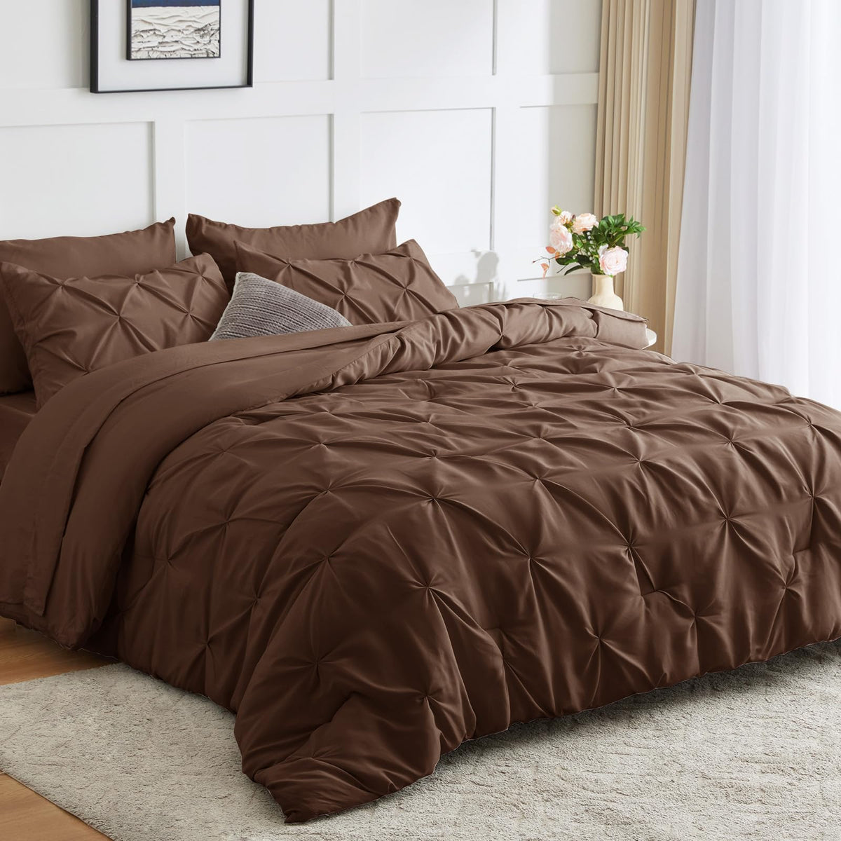 Cozylux King Size Comforter Set - 7 Pieces Comforters King Size Brown, Pintuck Bed In A Bag Pinch Pleat Bedding Sets With All Se