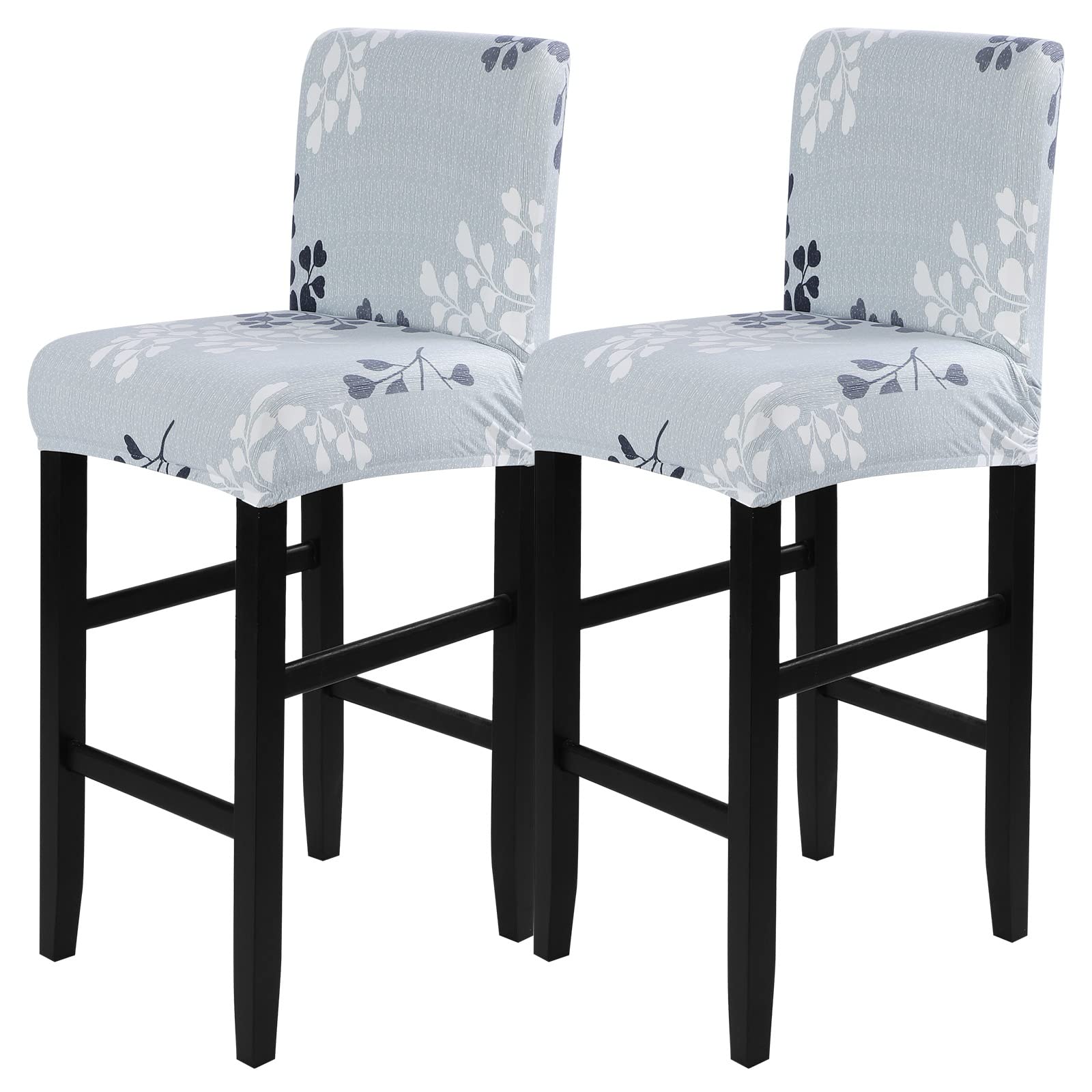 Searchi Printed Bar Stool Covers Set Of 2, Stretch Removable Washable Bar Stool Chair Covers, Counter Height Chairs Covers For Kitchen Dining Room Cafe Furniture (Grey Leaf)