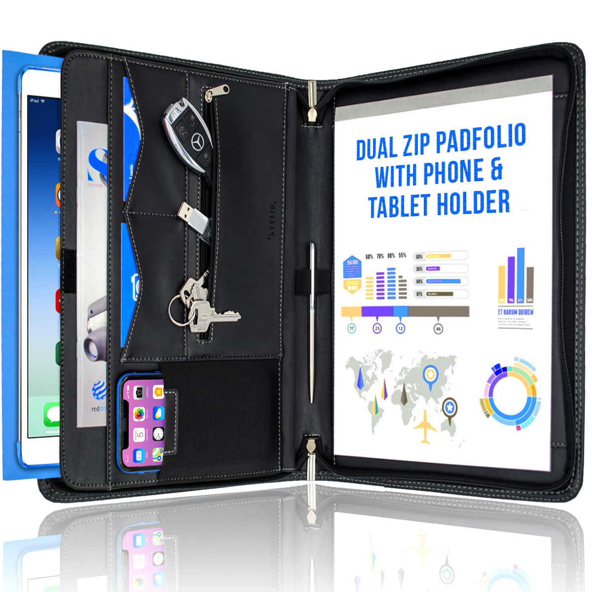 Stylio Zipper Padfolio Portfolio Binder Organizer | Faux Leather Portfolio For Resume, Documents, Phone, Tablet, Business Suppli