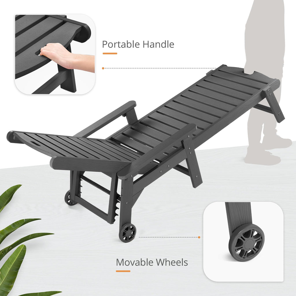 Lue Bona Outdoor Chaise Lounge, Hdps Material, 3-Year Warranty, Patio Lounge Chair With Adjustable Backrest, Resin Pool Lounge Chairs With Wheels For Outside, Poolside, Backyard, Garden, Dark Gray