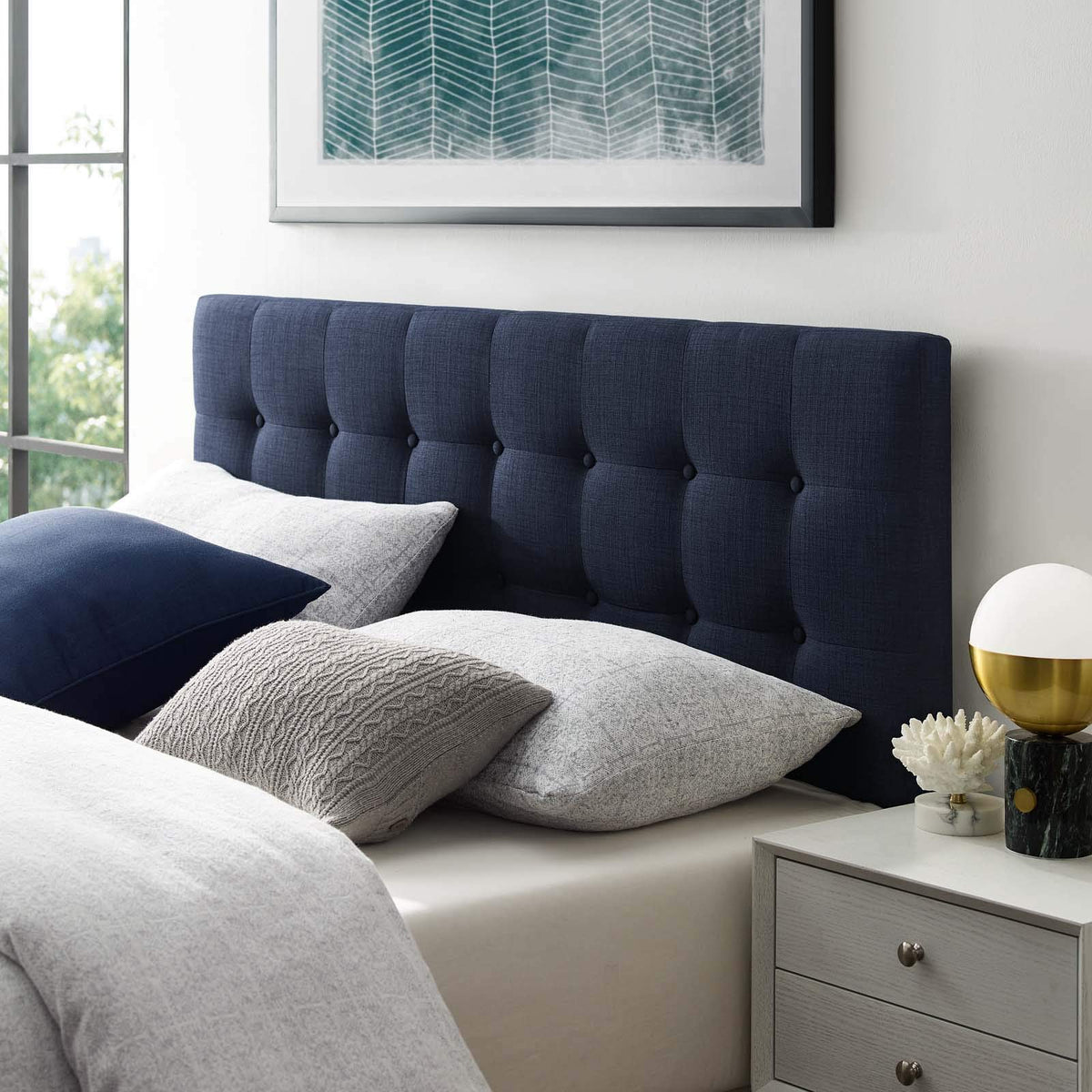 Modway Emily Tufted Button Linen Fabric Upholstered King Headboard in Navy