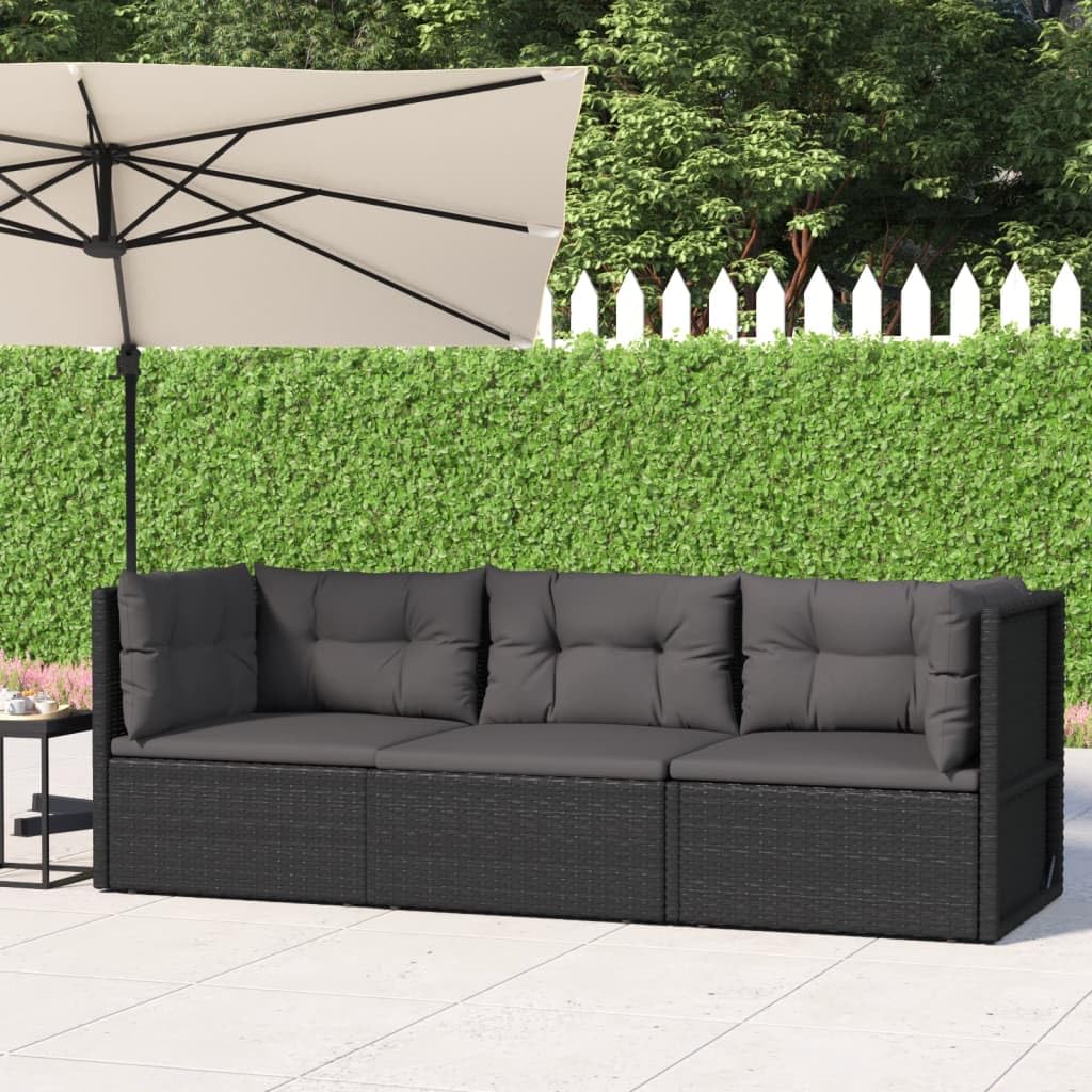 vidaXL 3 Piece Patio Lounge Set – Black Poly Rattan Furniture, includes Adjustable Corner Sofa, Middle Sofa, Seat Cushions and Back Cushions, Weather Resistant, Easy Assembly Needed.