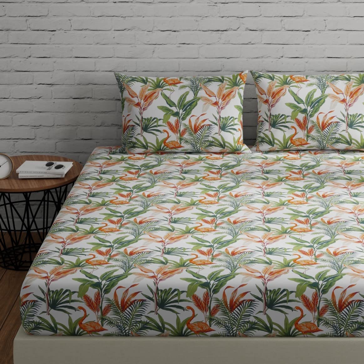 Huesland By Ahmedabad Cotton 144 Tc Cotton Bed Sheet Double Bed King Size With 2 Pillow Covers | 9Ft X 9Ft | Flamingos Orange