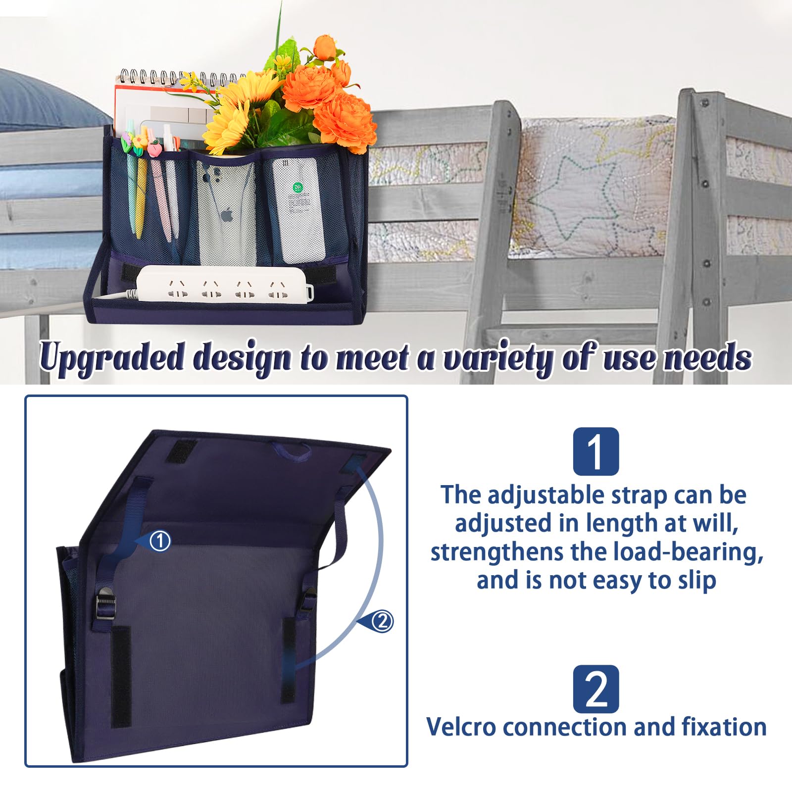 Retyion Bedside Storage Organizer With Power Strip Holder And Adjustable Straps Bed Hanging Bag For Home Bunk Bed Dorm Sofa (Nav