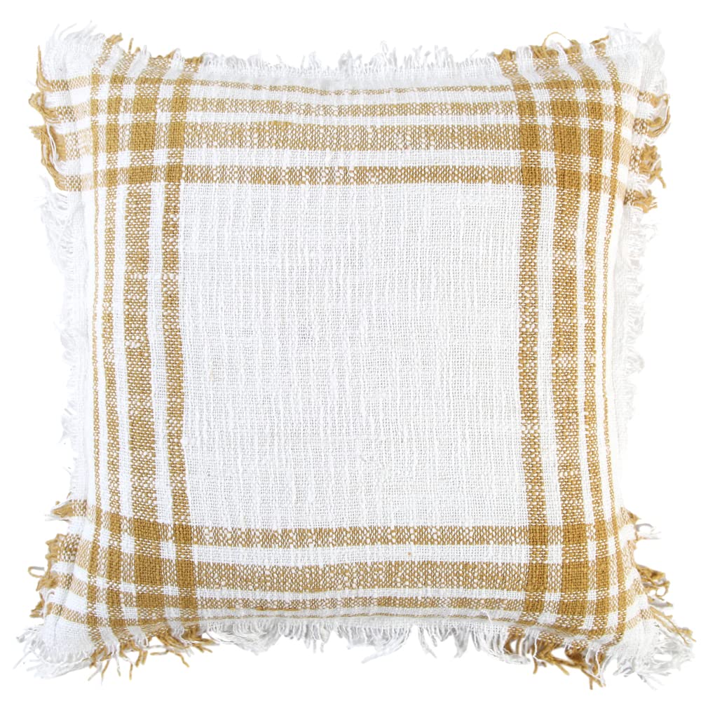 Rizzy Home Plaid 18&quot; x 18&quot; Down Filled Pillow with Woven Cotton Cover-White/Gold