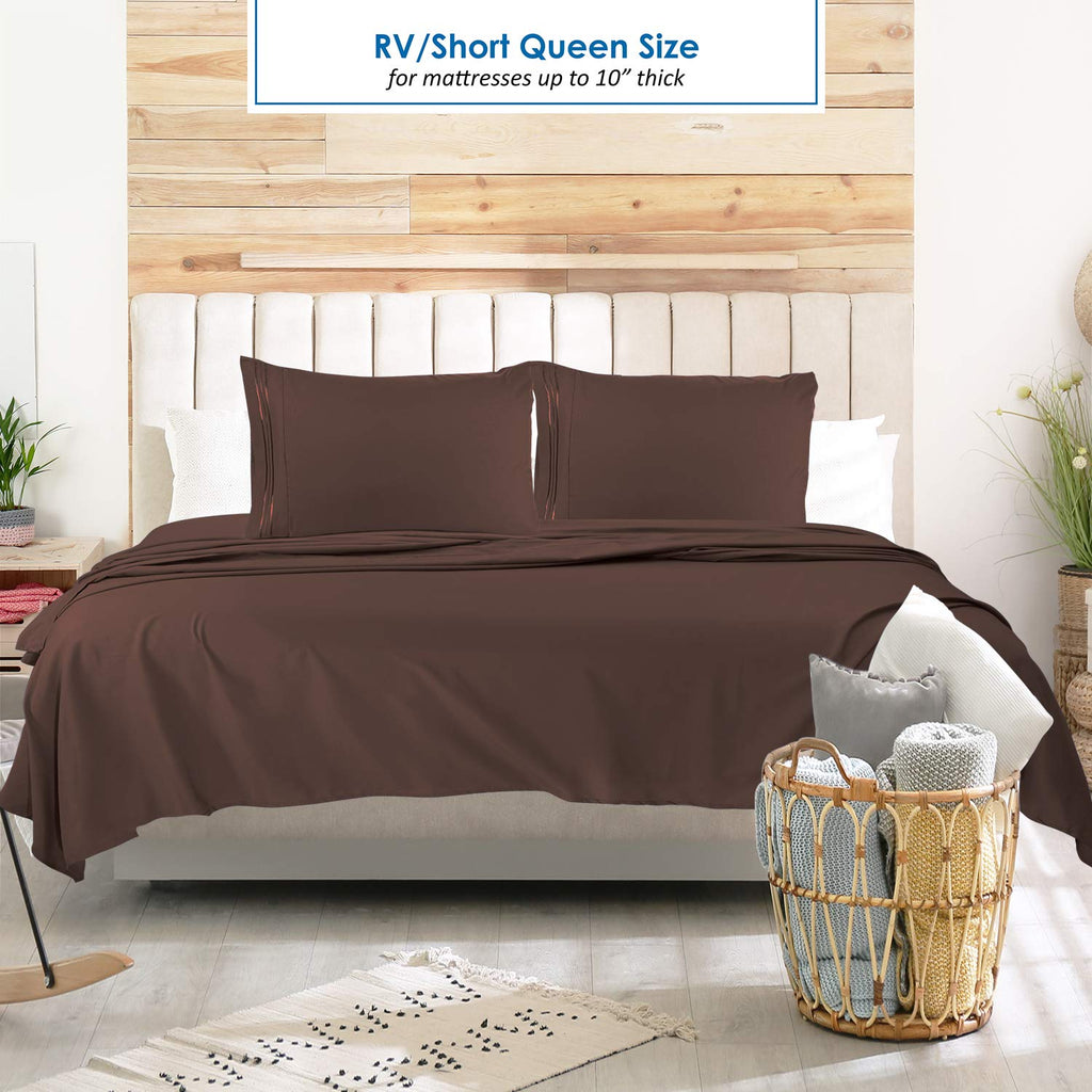 Nestl Brown Rv Queen Sheets – Super Soft Rv Short Queen Sheets For Rv Camper, 4 Piece 1800 Microfiber Fitted Rv Sheets, Double Brushed Rv Bed Sheets Set, Camper Sheets And Pillowcases