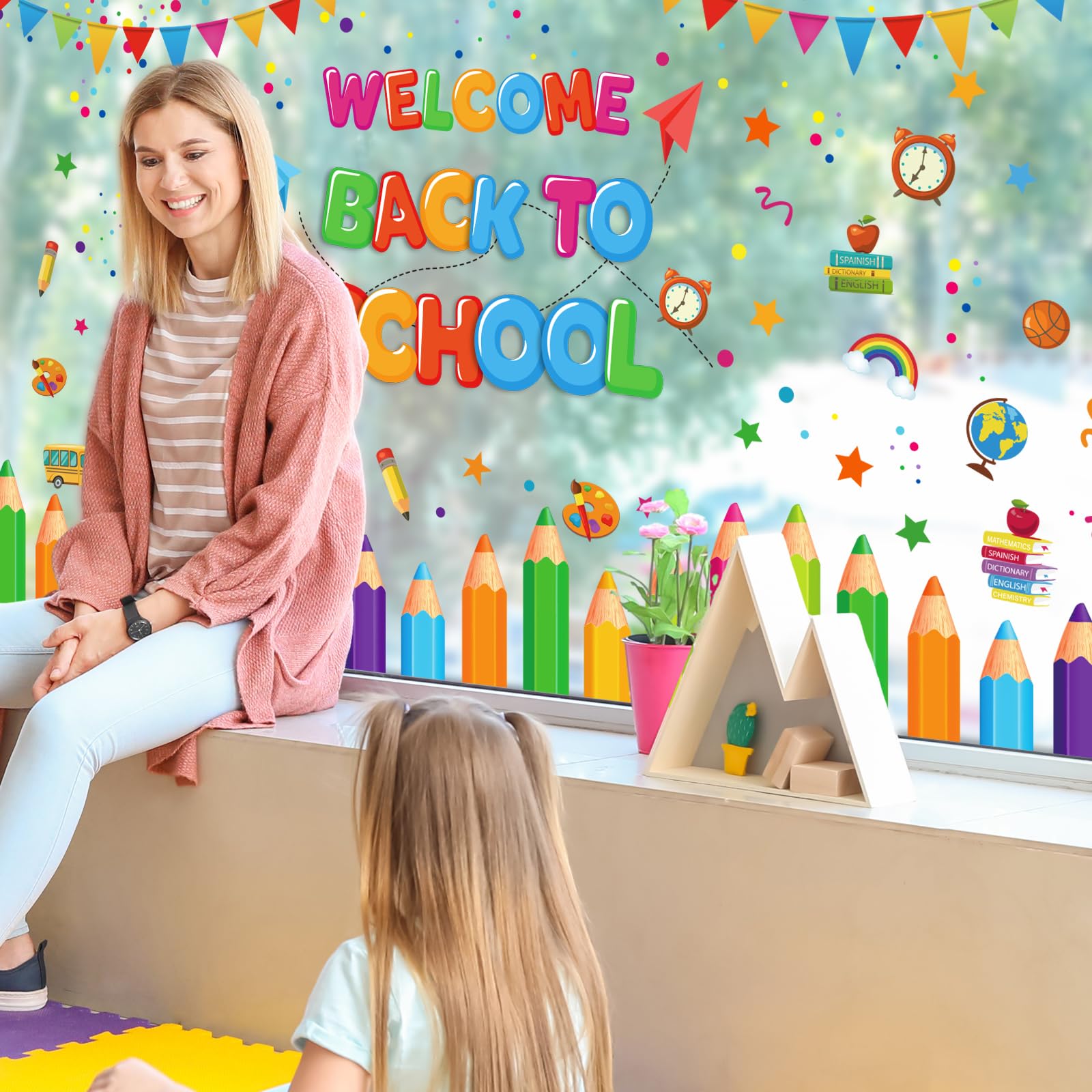 Jarthenaamcs Welcome Back To School Window Clings Flag Banner Colorful Pencils Window Stickers Double Sided Wall Glass Decals Fo
