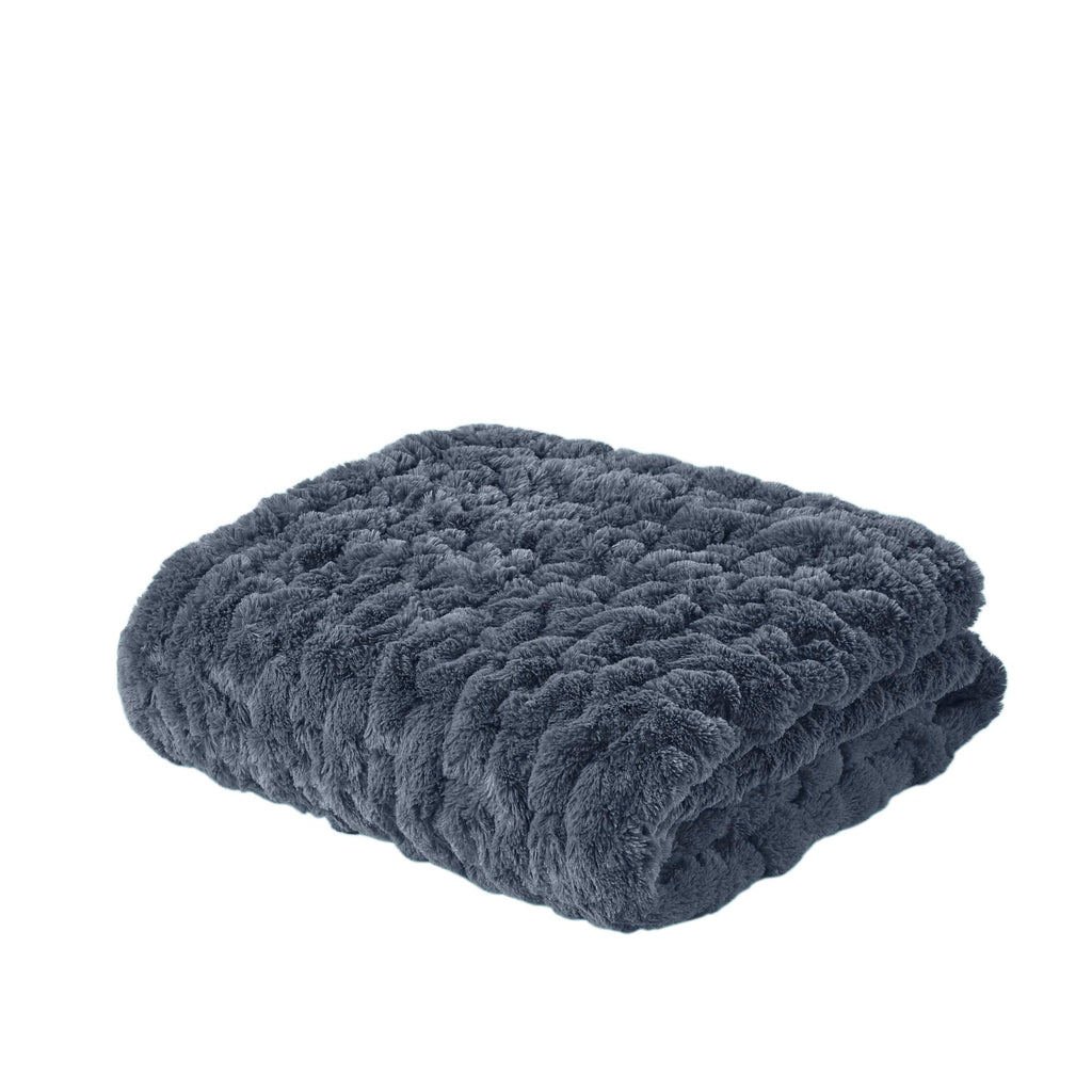Madison Park Ruched Luxury Throw Premium Soft Cozy Brushed Long Faux Fur For Bed, Couch or Sofa, 50''x60'', Slate Blue