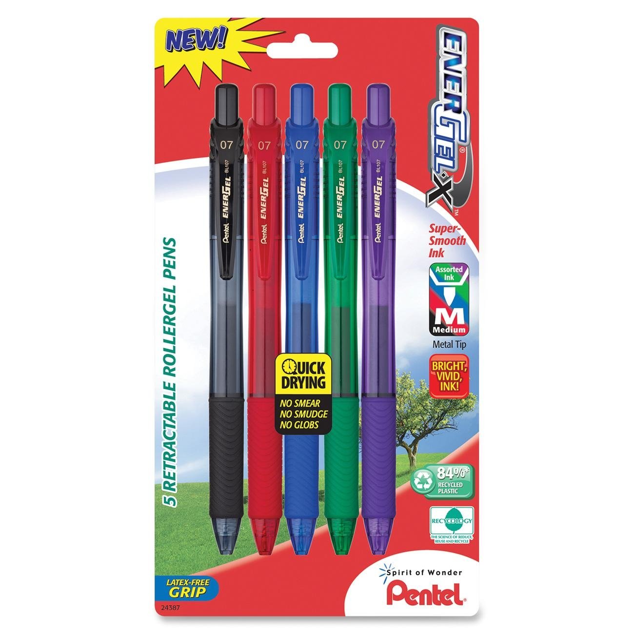Pentel Energel-X Retractable Liquid Gel Pen 0.7Mm, Metal Tip, Medium, Assorted Ink (Bl107Bp5M)