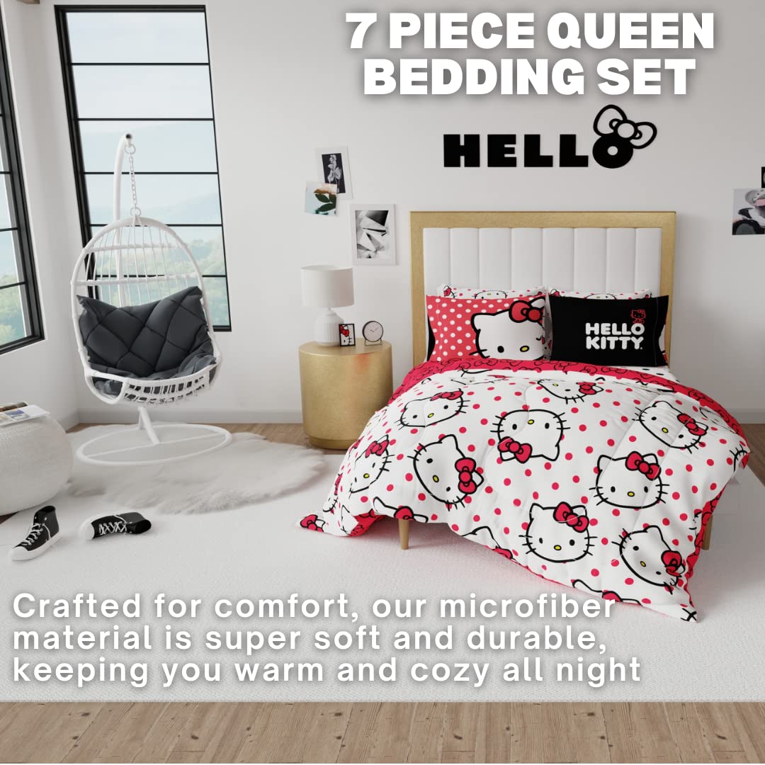 Franco Sanrio Hello Kitty Polka Dot Bedding 7 Piece Super Soft Comforter And Sheet Set With Sham, Queen, (100% Official Licensed