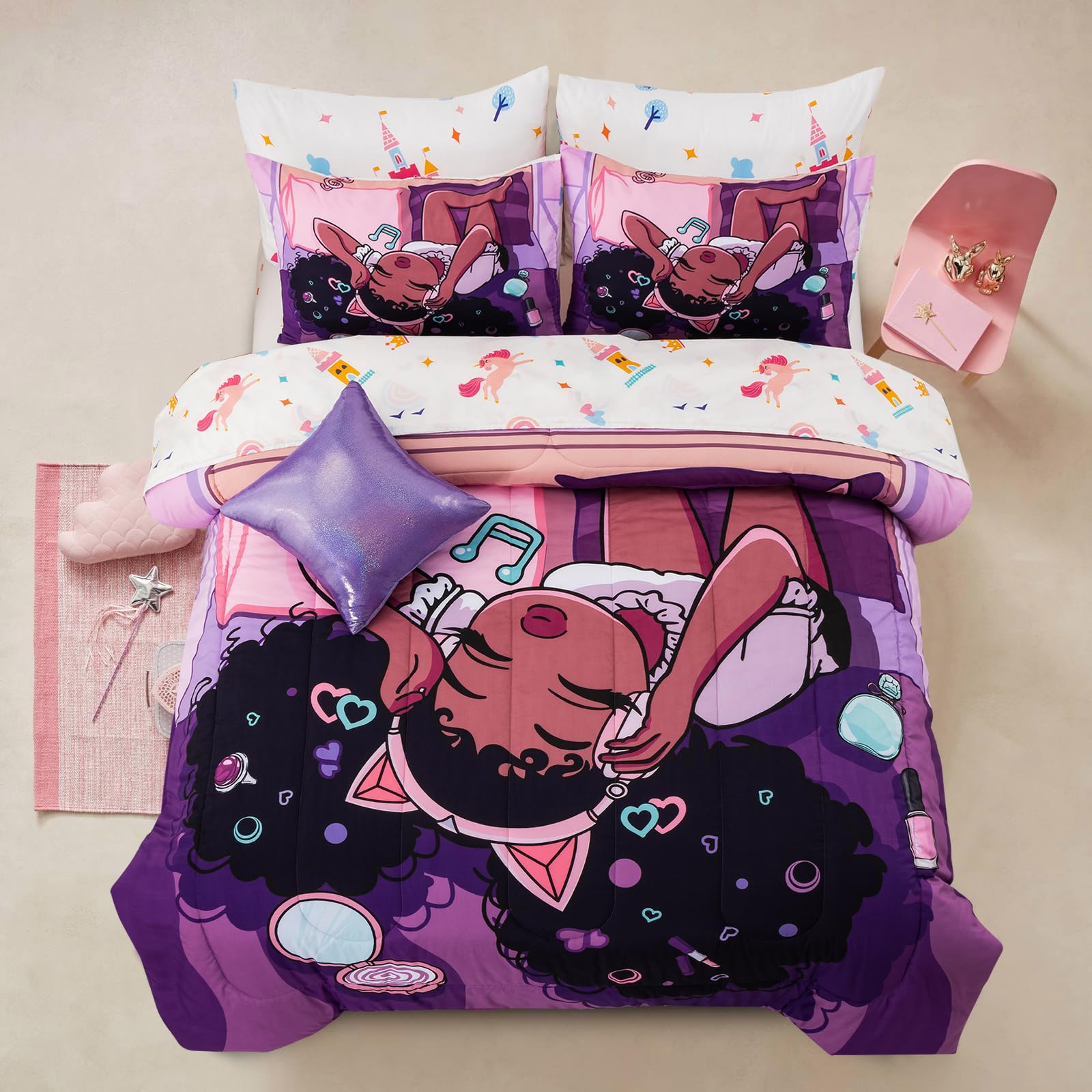 A Nice Night Purple Comforter Sets,Black Girl Listening Music Printed, 6Pcs Bed In A Bag Twin Size All Seasons Bedding Set,For K